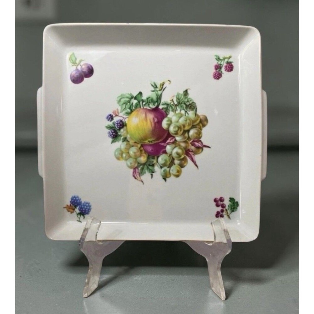 Vintage Naaman Israel Porcelain Serving Tray Square Fruit Motif Gold Trim 10”￼